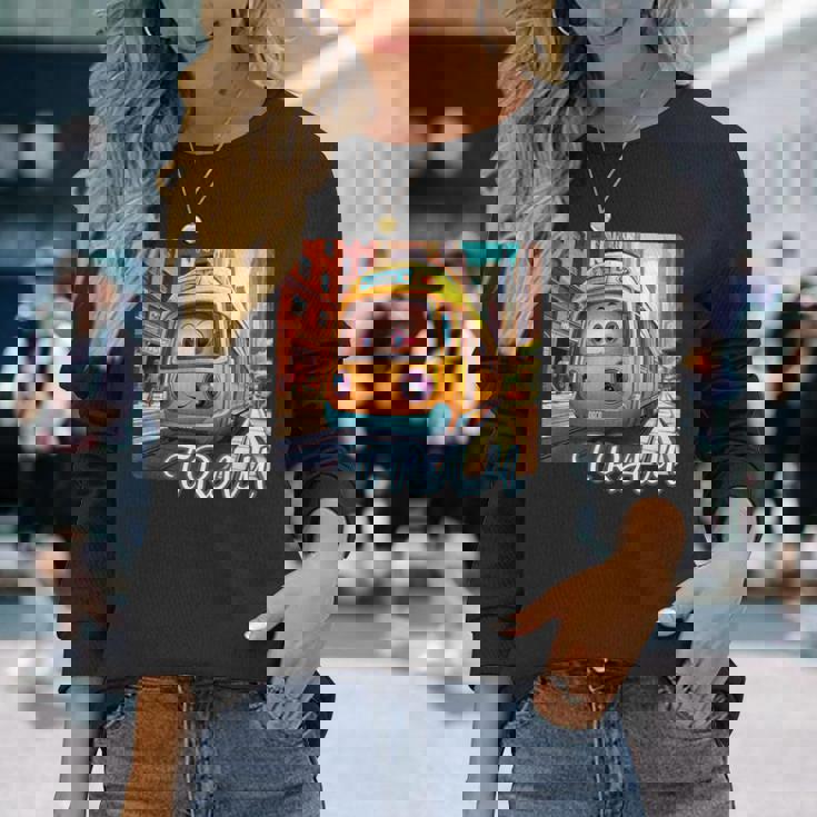 路面電車 Tram かわいい乗り物 おもちゃの乗り物 漫画風電車 鉄道ファン 鉄道旅行 鉄道模型ファン 鉄道風景 長袖Tシャツ 彼女への贈り物