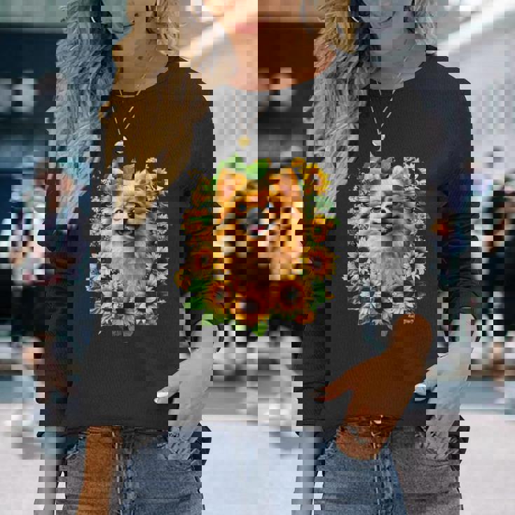 面白いtシャツ ポメラニアン ひまわり わんこ メンズ 犬好き グッズ かわいい おもしろ 面白い 服 ネタ 長袖Tシャツ 彼女への贈り物