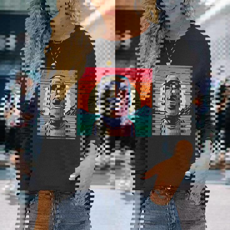 面白いイースター島像 レトロなモアイヘッドラパヌイv3 長袖Tシャツ 彼女への贈り物