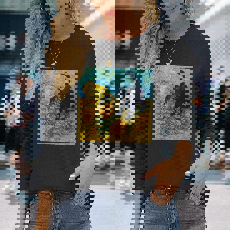 面白いゴッホのひまわり、猫のミーム、黒猫のアート。 長袖Tシャツ 彼女への贈り物