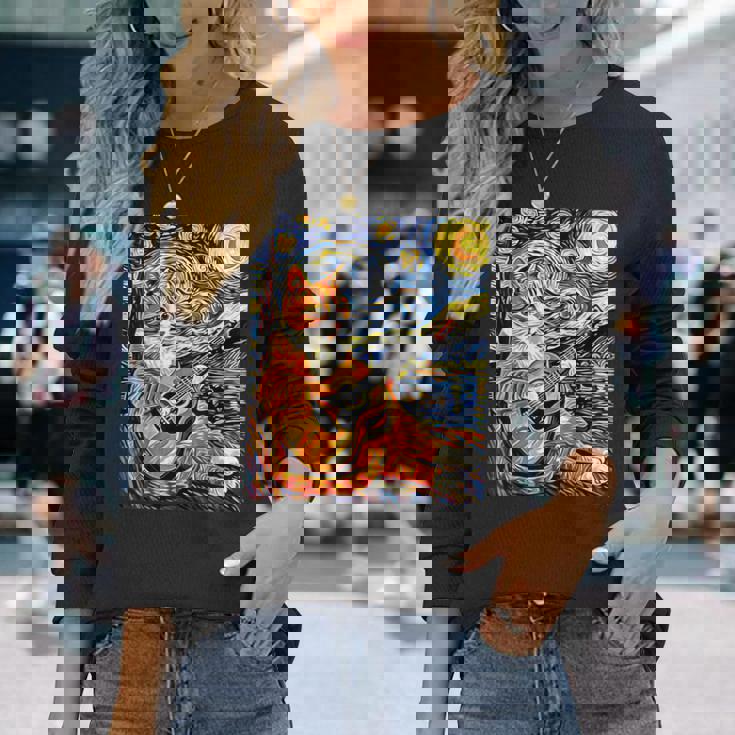 面白いレトロなデザインの猫がギターを弾く 星月夜 長袖Tシャツ 彼女への贈り物