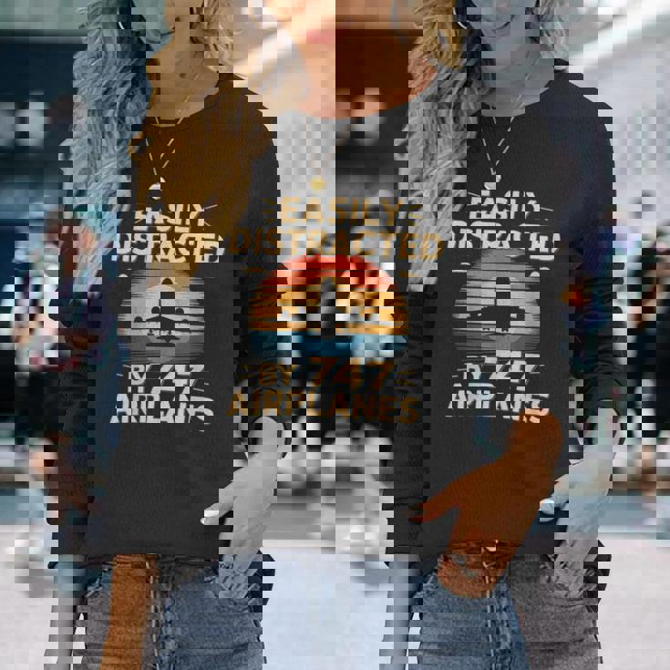 飛行機 簡単 気を取られる 747 飛行機 面白い パイロット 長袖Tシャツ 彼女への贈り物