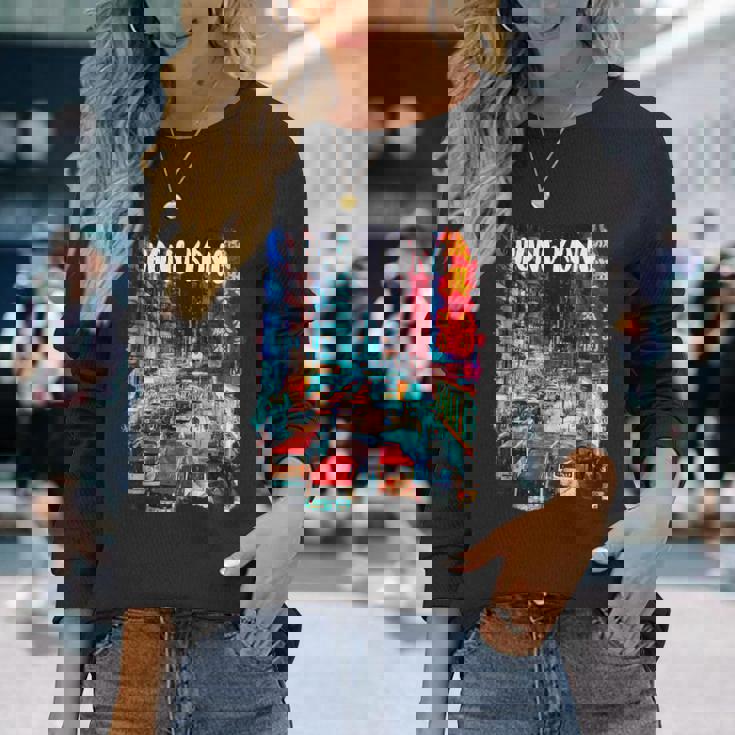 香港のお土産-夜の香港 長袖Tシャツ 彼女への贈り物