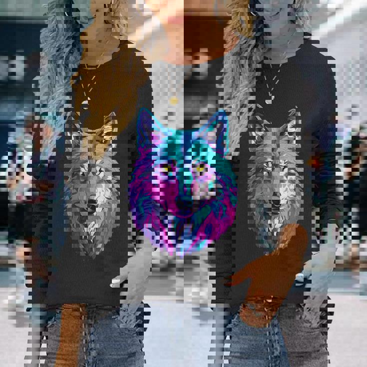 鮮やかなマルチカラーオオカミ 長袖Tシャツ 彼女への贈り物