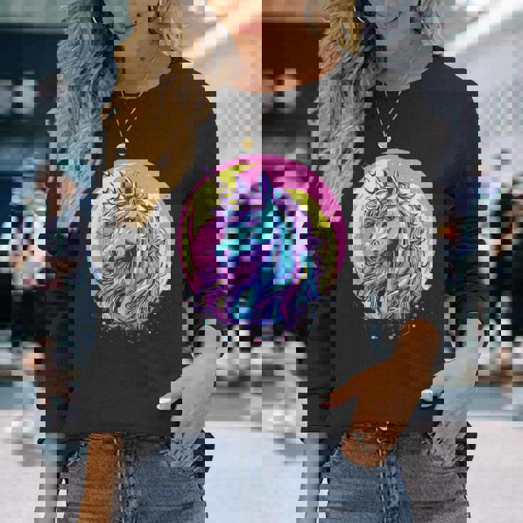 鮮やかなユニコーン マジック ファンタジー ムーンライト 長袖Tシャツ 彼女への贈り物