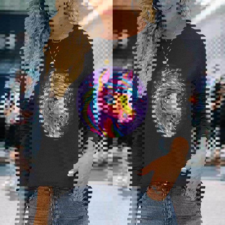 鮮やかな虹色の馬の魔法の夢 長袖Tシャツ 彼女への贈り物