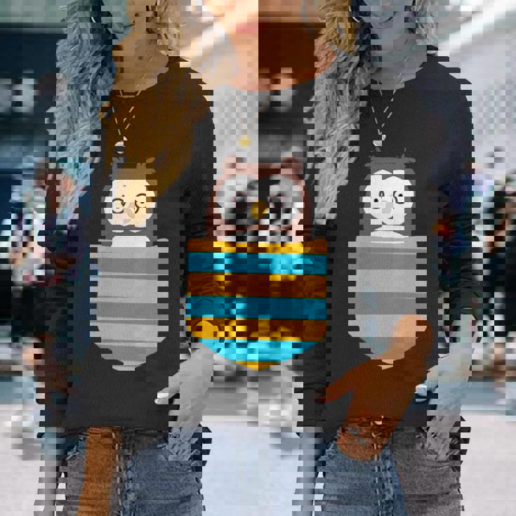 鳥好きのギフト フクロウのフクロウ 胸ポケット付き 長袖Tシャツ 彼女への贈り物