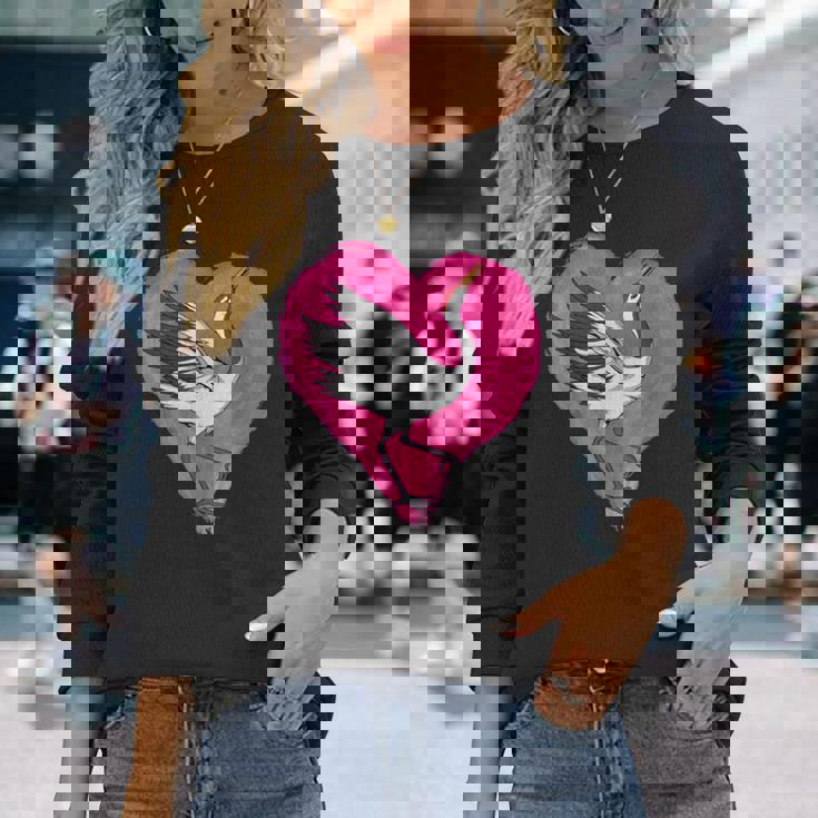 鶴 ハートデザインラブ 鶴 恋人 鶴 長袖Tシャツ 彼女への贈り物