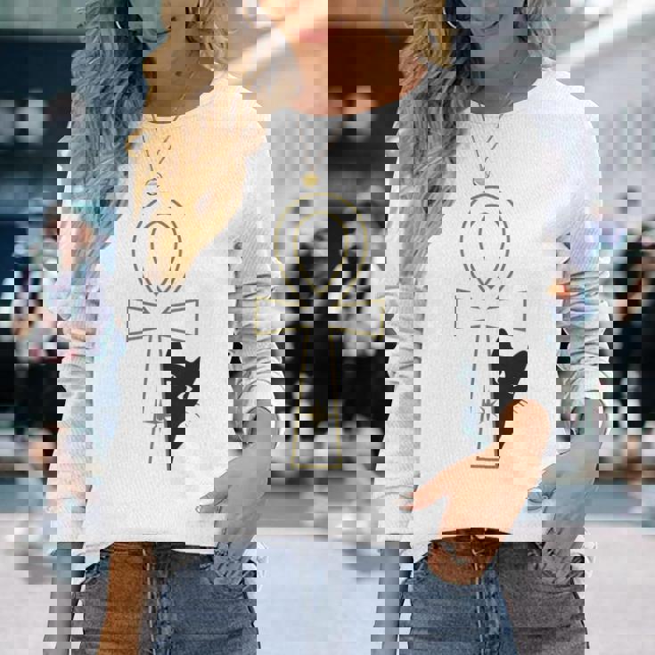 Ankh & Cat デザイン – スピリチュアル瞑想アート 長袖Tシャツ 彼女への贈り物