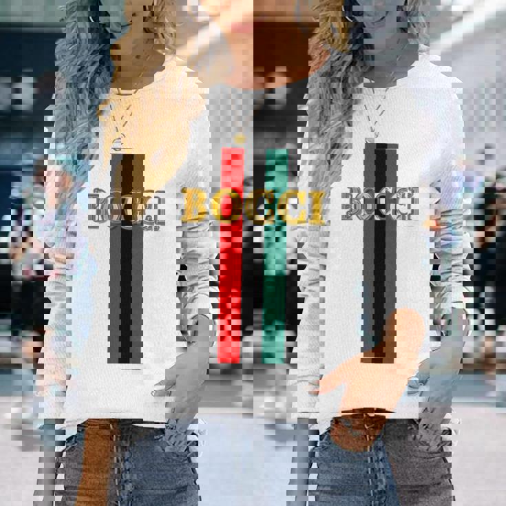 Bocci ぼっち《フェイクゴールド ロゴ》緑 赤 ライン【変なデザイン屋さん】陰キャ オタク ブランド パロディ 面白 長袖tシャツ 長袖Tシャツ 彼女への贈り物