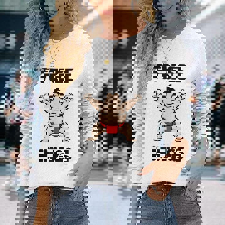 Free Hugs おもしろ相撲力士 相撲ハグ カワイイ相撲ハグ 長袖Tシャツ 彼女への贈り物