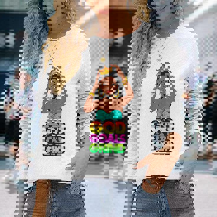 God Goals グラインドメラニン クリスチャン 楽しい ブラック クイーン ガールズ 長袖Tシャツ 彼女への贈り物