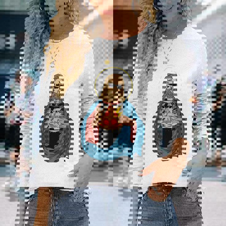 Jesus Holding A Pizza 長袖tシャツ 長袖Tシャツ 彼女への贈り物