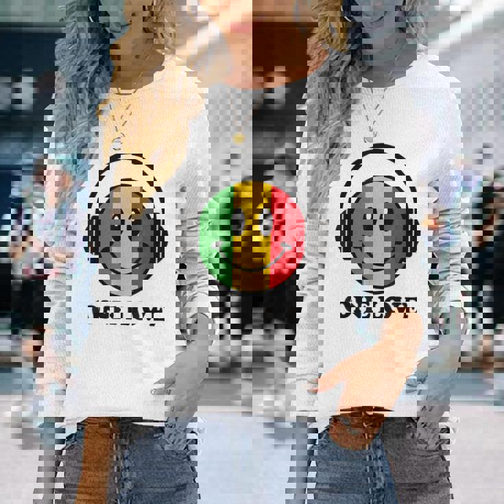 One Love ラスタ レゲエ 音楽 ヘッドホン スマイルフェイス ラスタファリ 長袖Tシャツ 彼女への贈り物