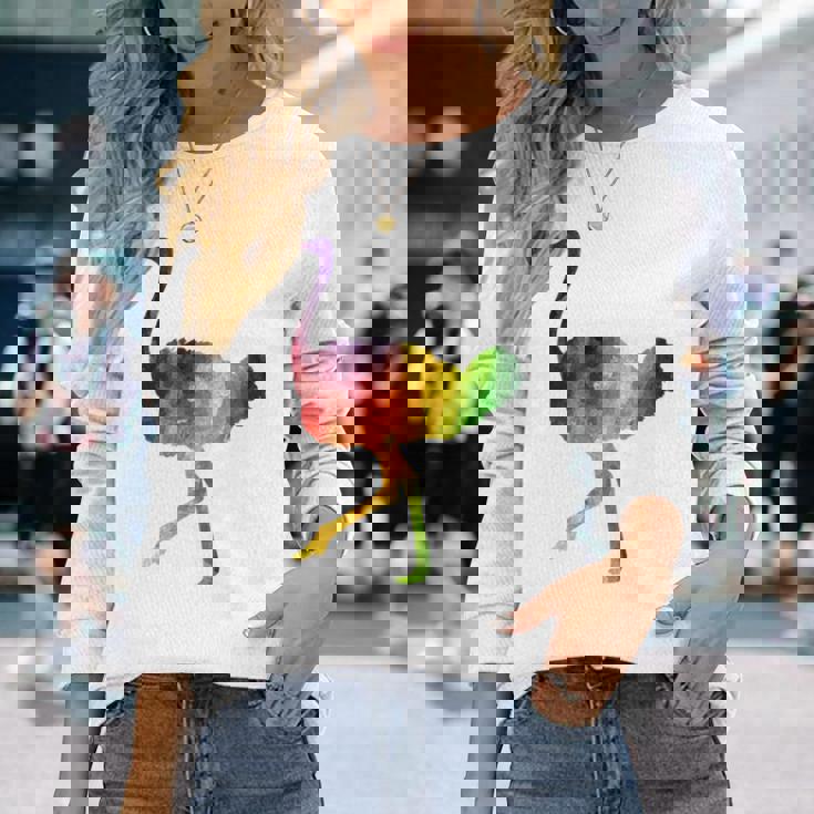 Ostrich African ダチョウ Animal Watercolor Graphic 長袖Tシャツ 彼女への贈り物