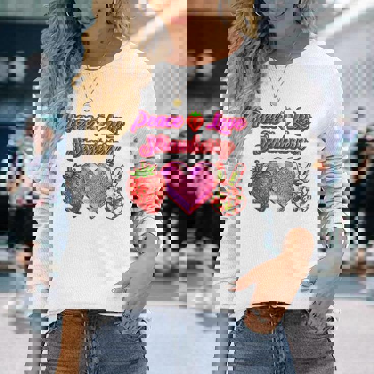 Peace Love イチゴ好き 果物食主義者 果実 果実 果実 長袖Tシャツ 彼女への贈り物