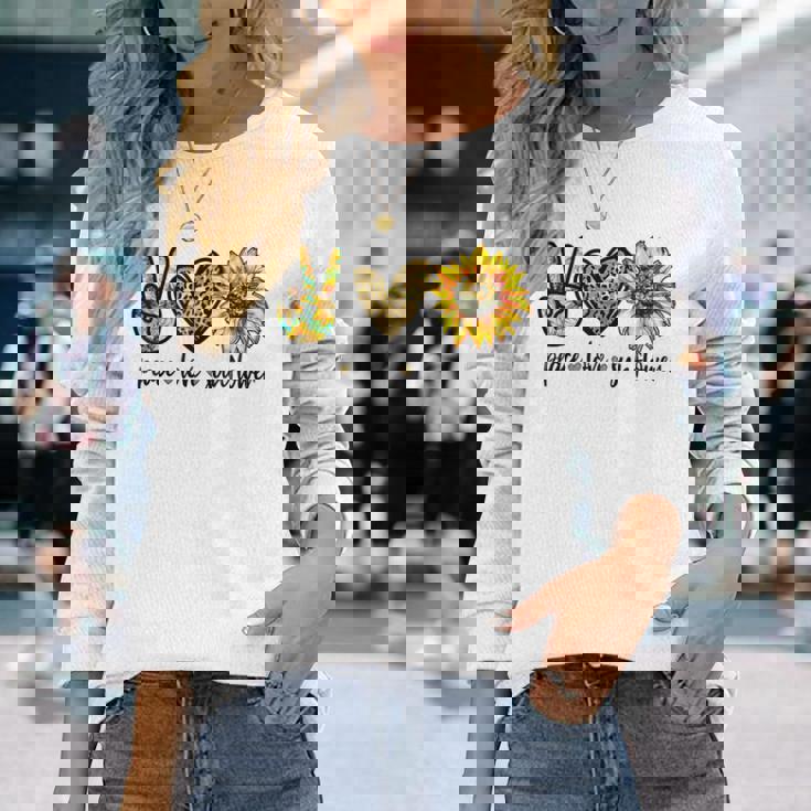 Peace Love サンシャイン ヒッピー ひまわり ヒマワリ 恋人へのギフト 長袖Tシャツ 彼女への贈り物