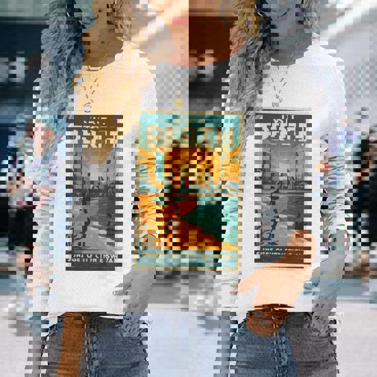 Perth Australia – ビンテージ旅行ポスタースタイル 長袖tシャツ 長袖Tシャツ 彼女への贈り物