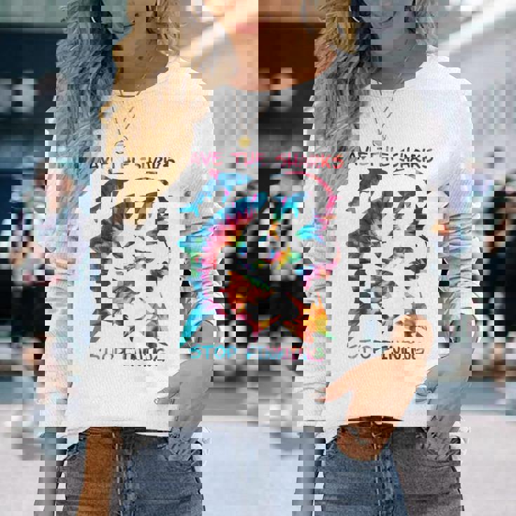 Stop Finning ジンベエザメ シュモクザメサメの種類タイダイ 長袖tシャツ 長袖Tシャツ 彼女への贈り物