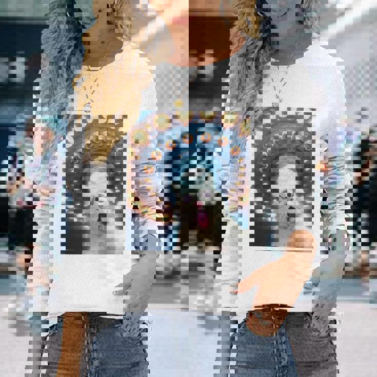 Ufo エイリアンフライングソーサー付き面白い白猫愛好家セルフィー 長袖tシャツ 長袖Tシャツ 彼女への贈り物