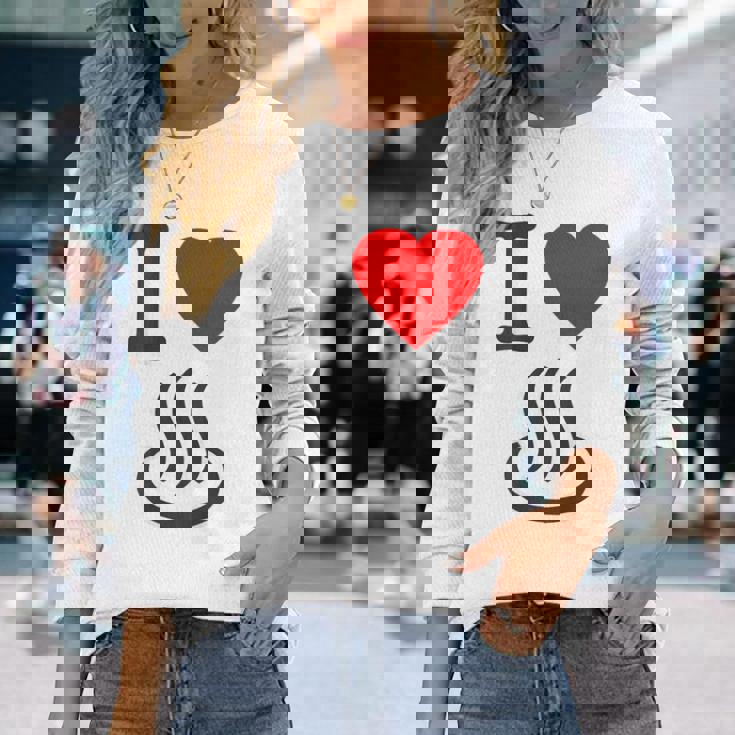 【バックプリント・背中側】アイラブ・温泉 マーク お風呂 銭湯 記号 お土産 旅行 ハート スタッフ 面白い 長袖Tシャツ 彼女への贈り物