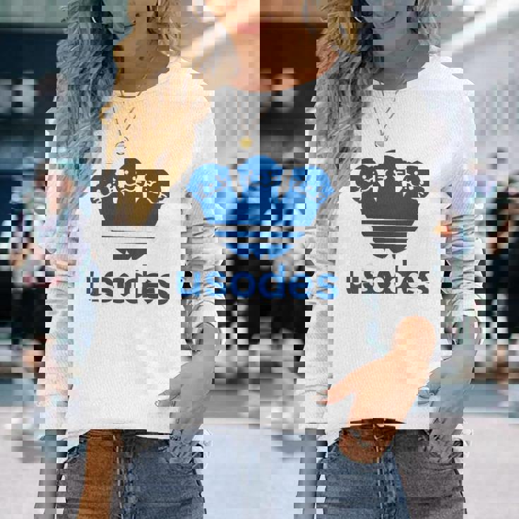 【バックプリント・背中側】ウソデス Usodes かわうそです。《ブルー 青》スポーツ ブランド パロディ 面白い 長袖Tシャツ 彼女への贈り物