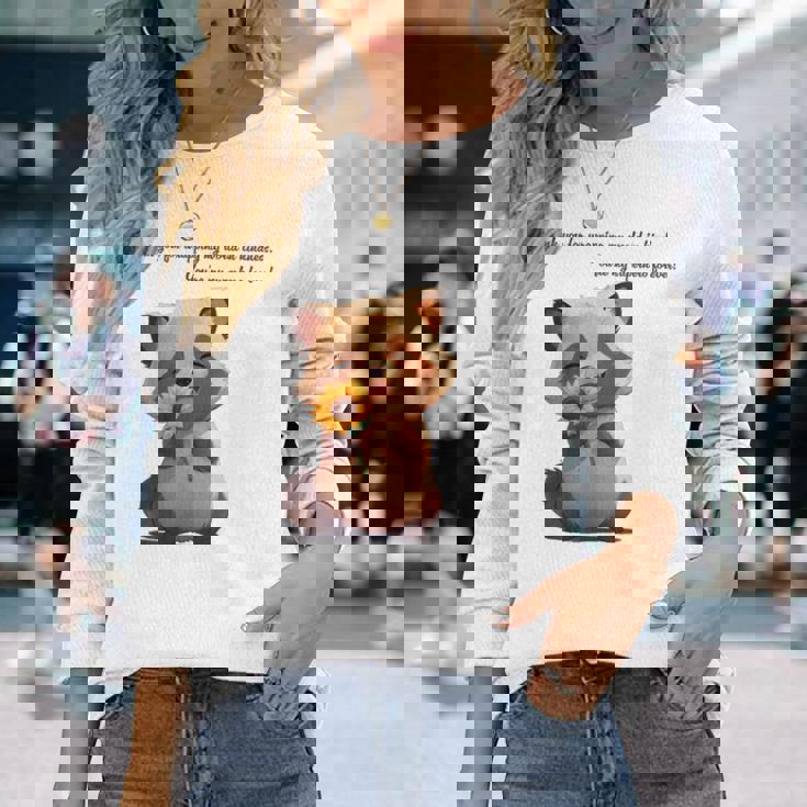 ありがとうのタヌキ ひまわりver 父の日 アニマルグラフィック 感謝 たぬき 花と狸 長袖Tシャツ 彼女への贈り物