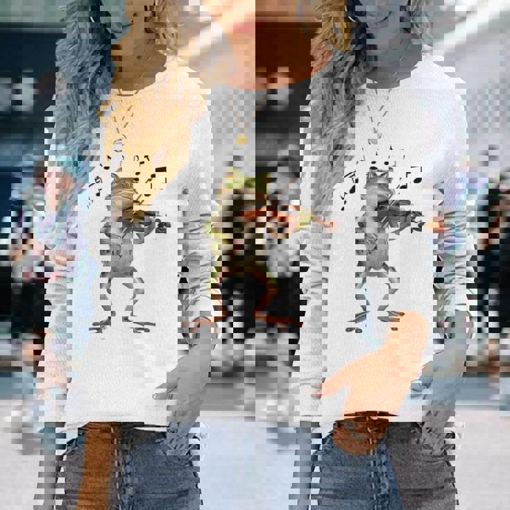 おもしろミュージシャン バイオリニスト かわいいカエル 演奏 バイオリン 長袖Tシャツ 彼女への贈り物