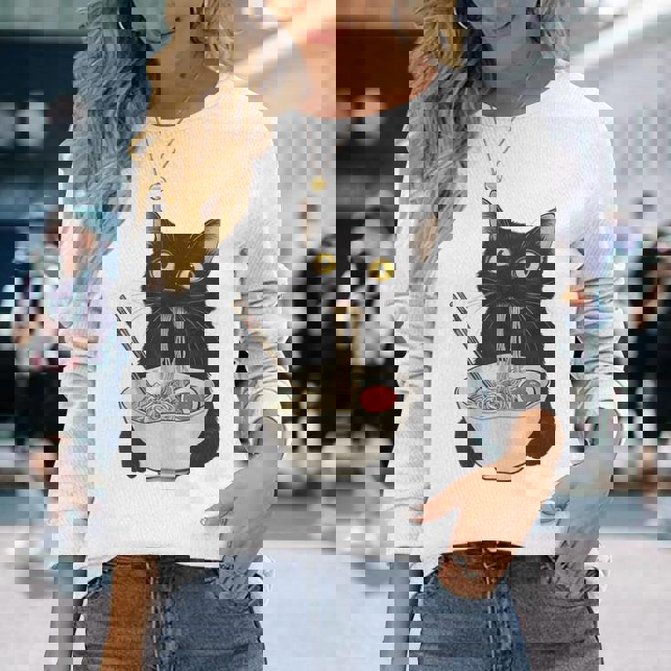 おもしろ猫 食べる 麺 ラーメン 日本猫 食べる 麺 長袖Tシャツ 彼女への贈り物