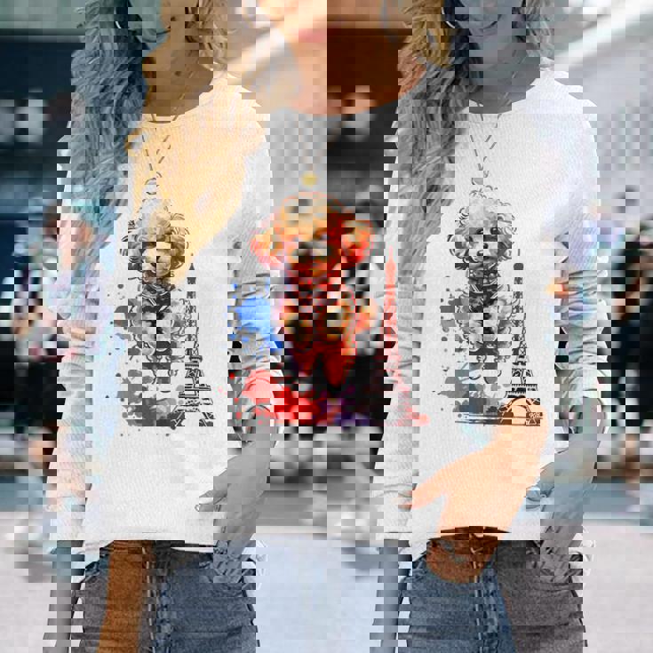 かわいい フランス パリ エッフェル塔 トイプードル パリ ジャンプ 子犬 長袖Tシャツ 彼女への贈り物