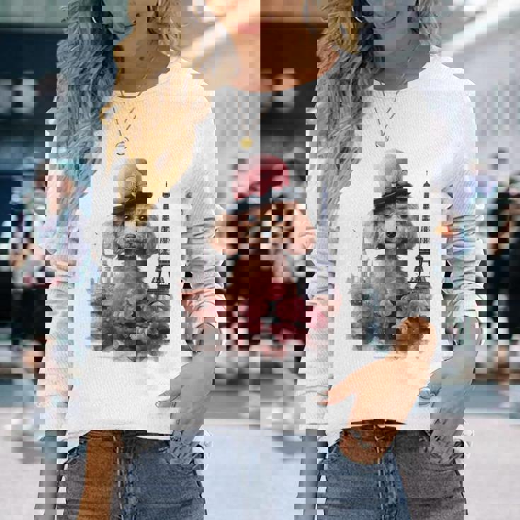 かわいいフレンチパリエッフェル塔トイプードル パリジャンプードル 長袖Tシャツ 彼女への贈り物