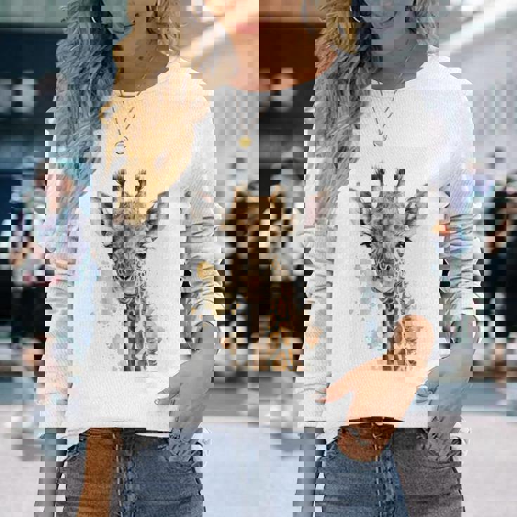 かわいい水彩画 キリン 赤ちゃん 美的 動物 アート 絵画 長袖tシャツ 長袖Tシャツ 彼女への贈り物