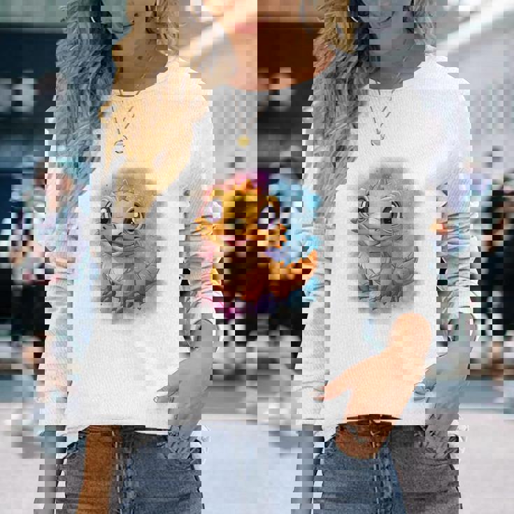 ひげを生やしたドラゴンの白い服のレインボーフラッグ 長袖Tシャツ 彼女への贈り物