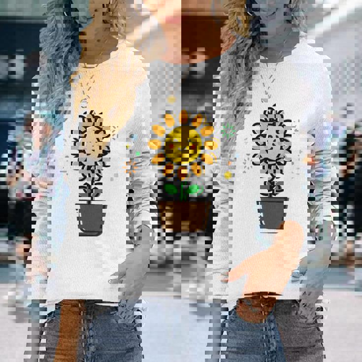 ひまわり 花 ポット シンプル クリップアート 長袖Tシャツ 彼女への贈り物