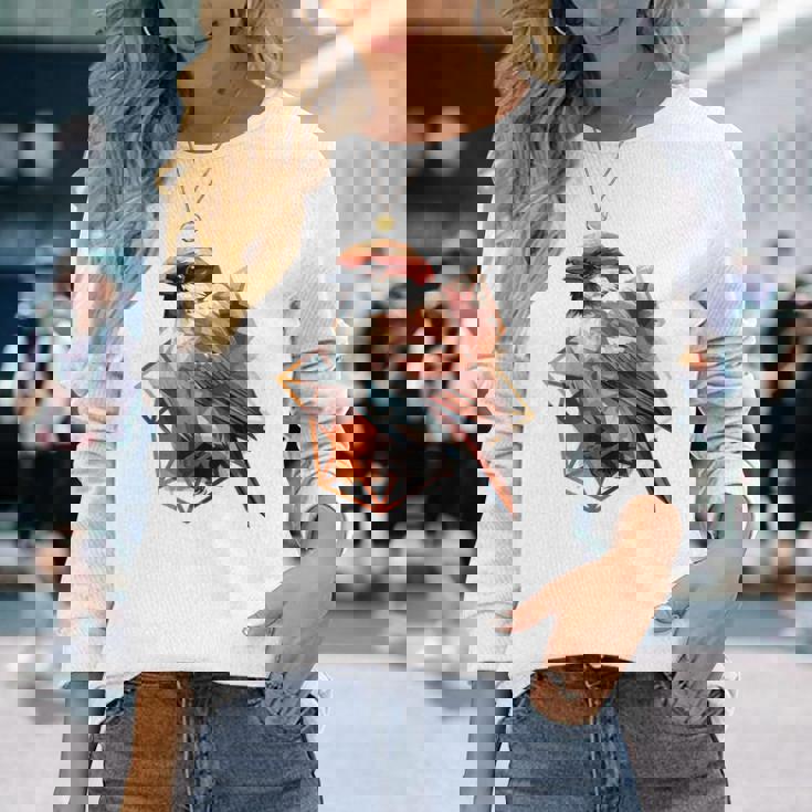 アメリカンツリー スズメ 鳥 幾何学模様 パッテンアート かわいい鳥 ロー 長袖Tシャツ 彼女への贈り物