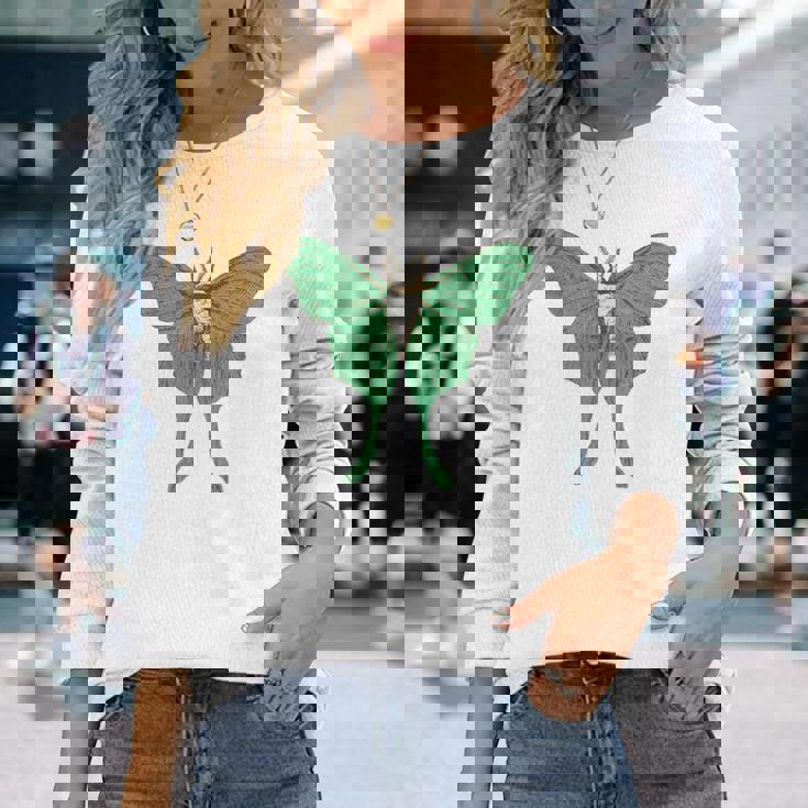 オオミズアオ ルナモス 薄い 緑色 黄緑色 蛾 Luna Moth レトロ 虫 昆虫 イラスト かっこいい おしゃれ 長袖Tシャツ 彼女への贈り物