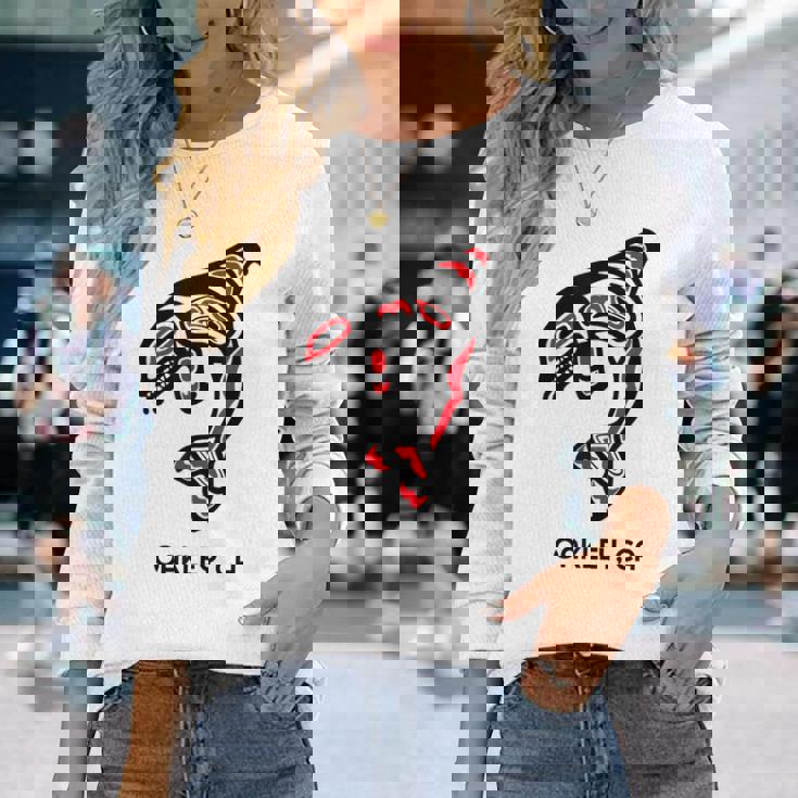 オークリー、カリフォルニア オルカキラー クジラ ネイティブアメリカン ギフト 長袖Tシャツ 彼女への贈り物