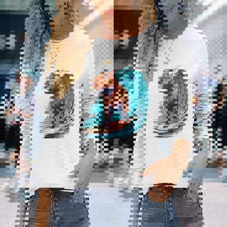 カッコイイ カピバラ サーファー サーフボード サーフィン メンズ レディース キッズ キャピー 長袖Tシャツ 彼女への贈り物