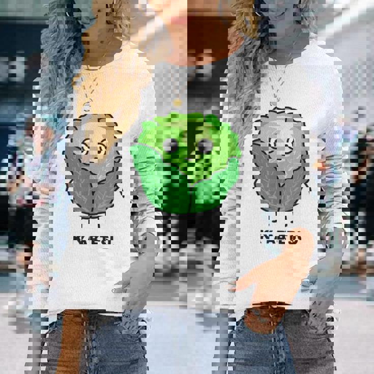 キャベツ 顔 イラスト かわいい おもしろ 面白い 簡単 シンプル ゆるい 野菜 長袖Tシャツ 彼女への贈り物