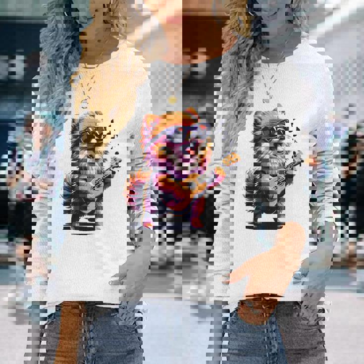 ギターを弾く犬 ポメラニアン 面白い 長袖Tシャツ 彼女への贈り物