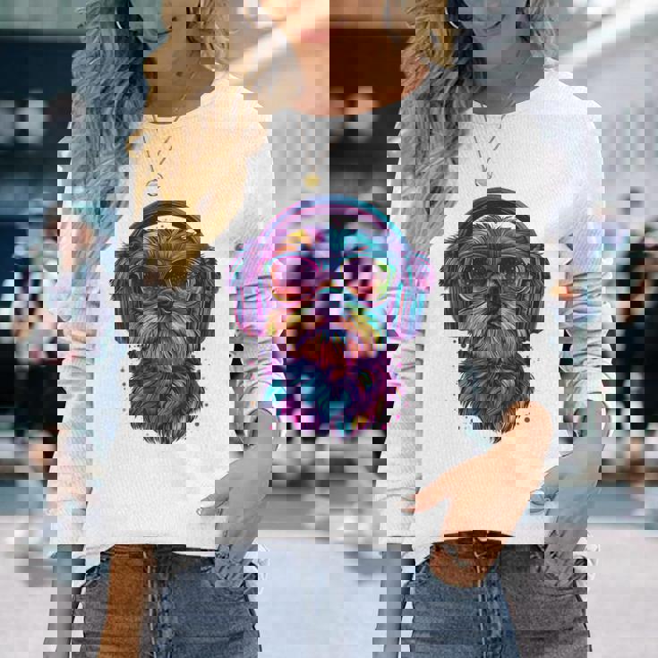 グリフォン ブリュッセロ 犬 音楽 ヘッドホン グリフォン ブリュッセル 長袖Tシャツ 彼女への贈り物