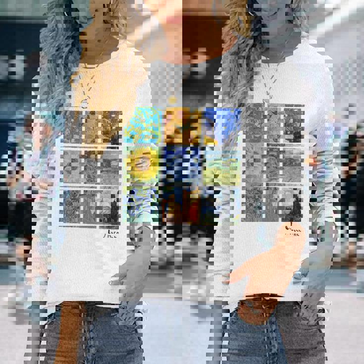 ゴッホの絵画、ひまわり、星月夜 長袖Tシャツ 彼女への贈り物