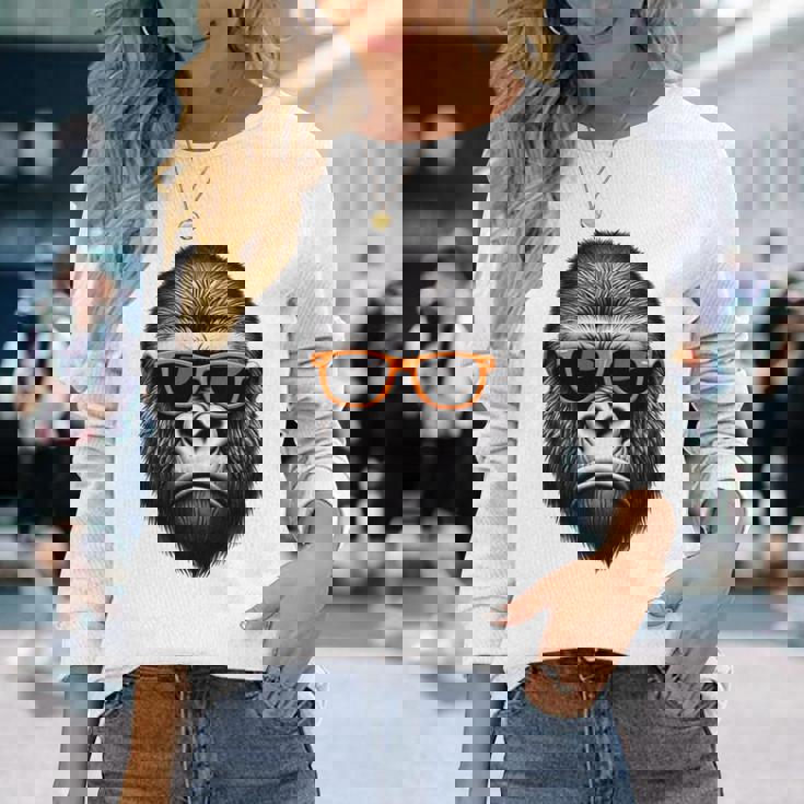 サングラスをかけたクールなゴリラグラフィックアート 長袖tシャツ 長袖Tシャツ 彼女への贈り物