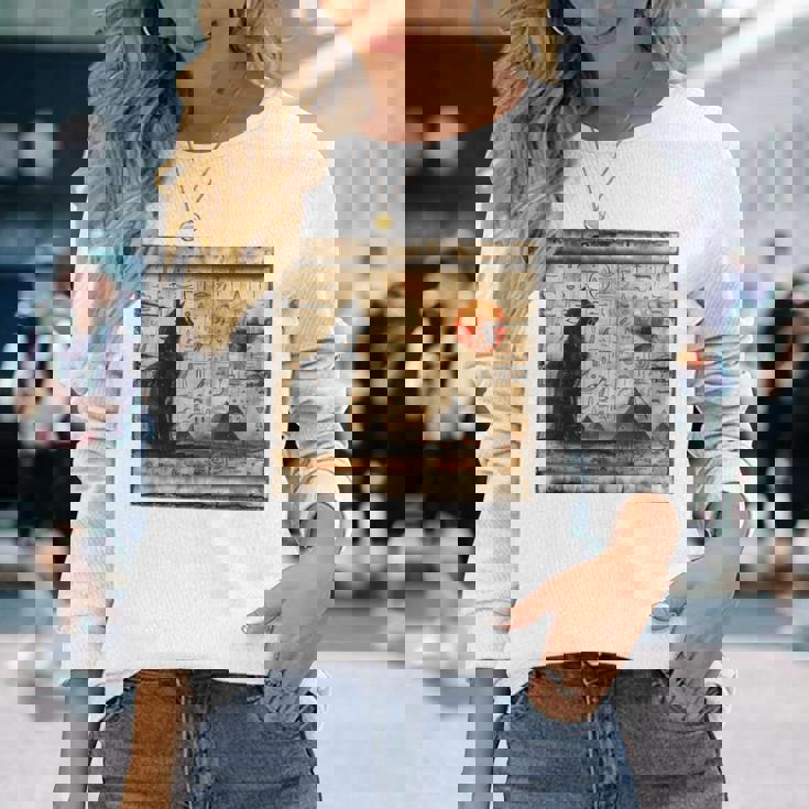 サンセット ピラミッド パピルス スクロール 砂漠 エジプトアート 猫 長袖tシャツ 長袖Tシャツ 彼女への贈り物