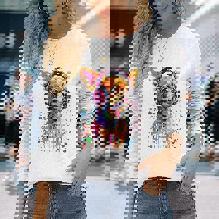 チワワの恋人 ポップアート ヘッドフォンを着て おもしろい チワワ 長袖tシャツ 長袖Tシャツ 彼女への贈り物