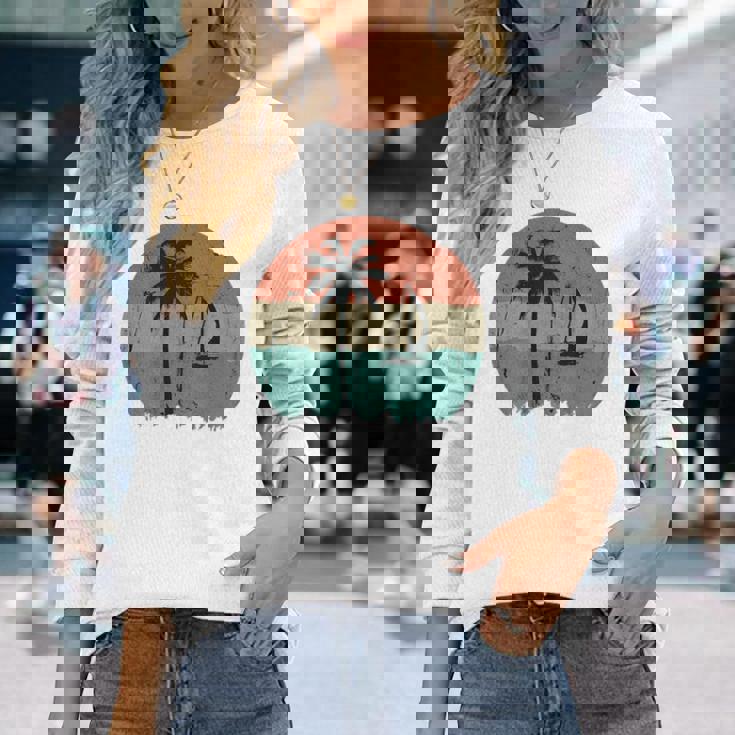 トロピカル ビーチ ヤシの木 ヴィンテージ レトロ 70年代 80年代 航海 長袖Tシャツ 彼女への贈り物