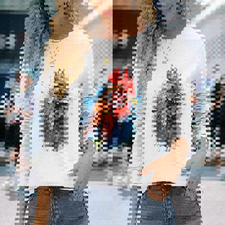 ニワトリ 動物 絵画 グラフィック 抽象 カラフル チキン 長袖Tシャツ 彼女への贈り物