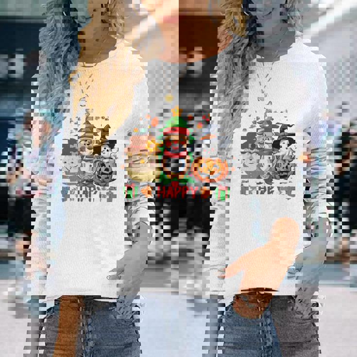 ハッピー、感謝祭、ハロウィン、メリークリスマス。 長袖tシャツ 長袖Tシャツ 彼女への贈り物