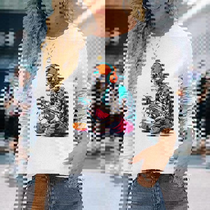 ハロウィン スケルトン ゲーマー おもしろい スケルトン コスチューム ビデオゲーム 長袖Tシャツ 彼女への贈り物