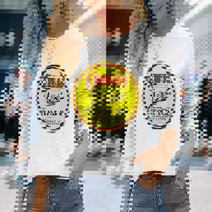 バックプリントのみ レトロ ヴィンテージ ガソリンスタンド オニールのモーターオイル 長袖Tシャツ 彼女への贈り物